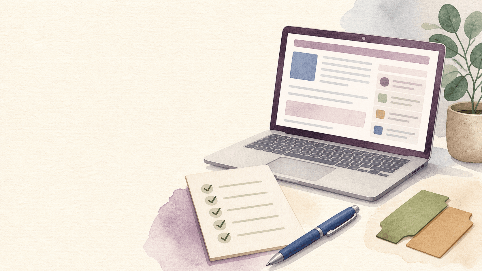Watercolor job listing checklist beside a laptop and pen