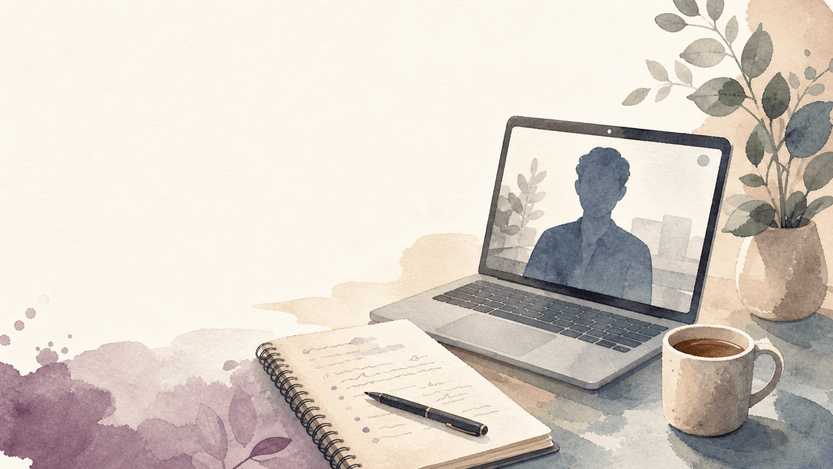 Watercolor interview notes beside a laptop and coffee