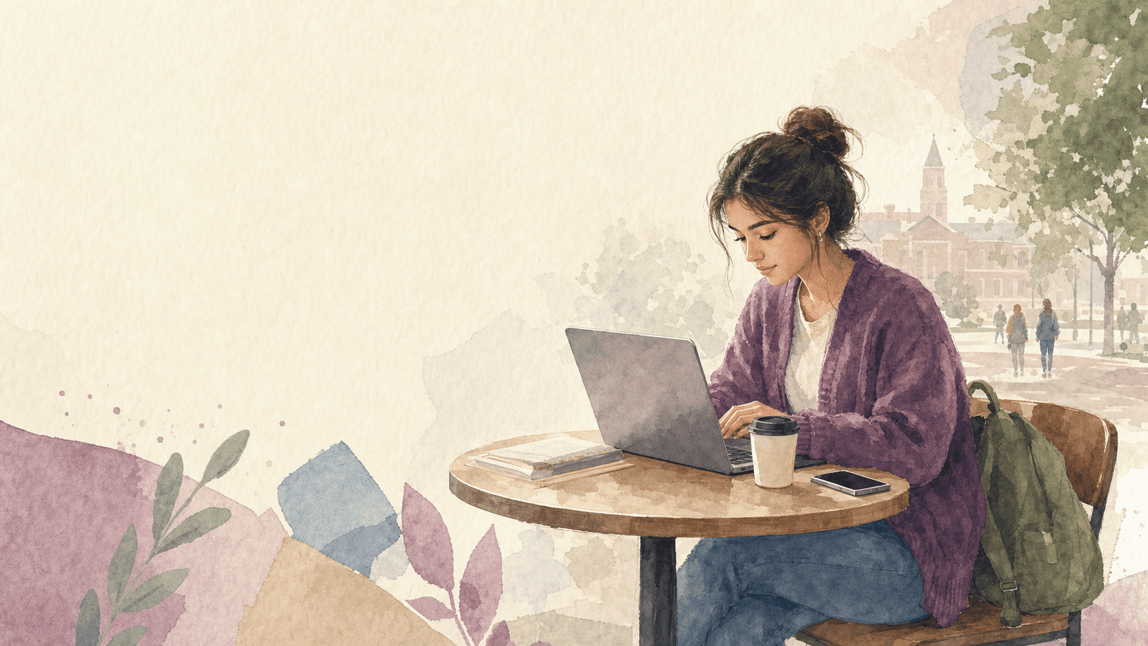 Student working on a laptop at a campus cafe table