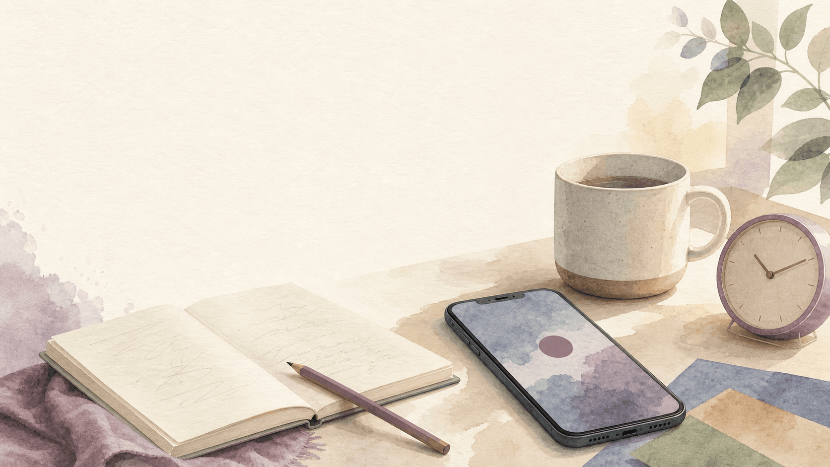 Watercolor phone notification beside an open notebook, coffee, and clock